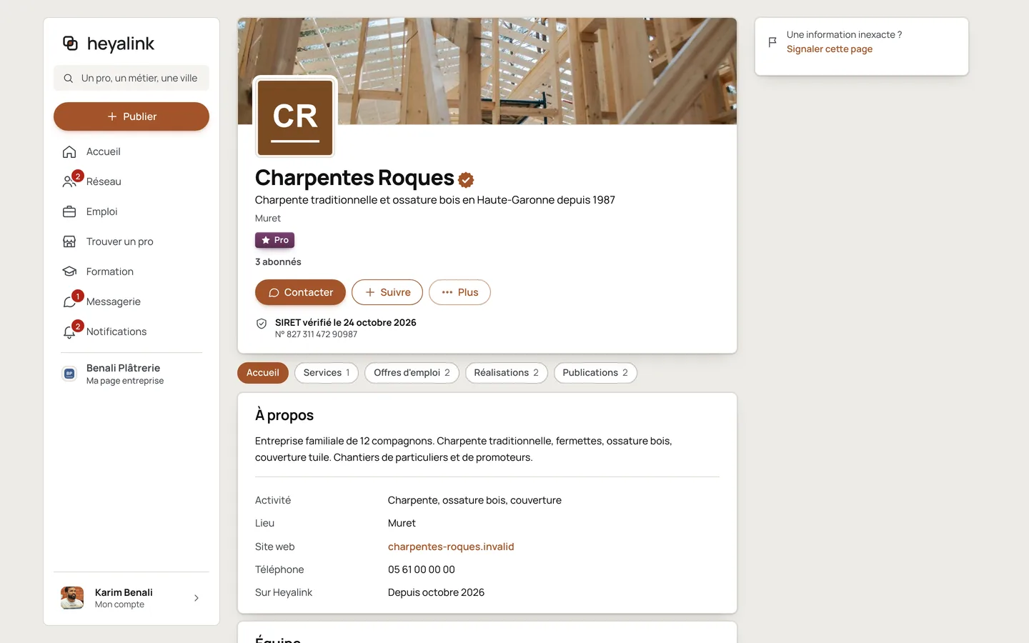 Page d’une entreprise de démonstration dans Heyalink