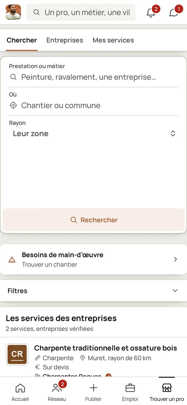 Trouver un pro sur téléphone