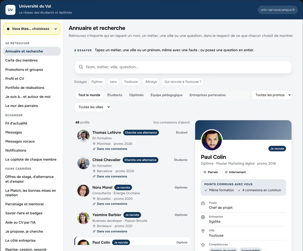 Annuaire et fiche de profil dans Nous Campus