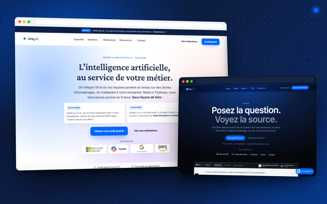Les pages d’accueil d’oriq.fr et d’Oriq RAG, visuel de l’article